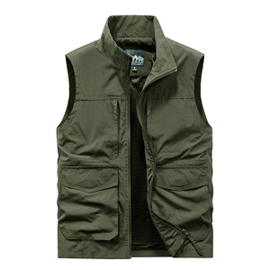 Men's outdoor multi-pocket fishing vest in army green with mesh lining and outdoor logo