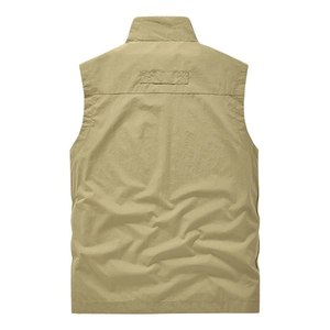 Outdoor khaki men's utility vest with stand collar and reinforced back stitching details