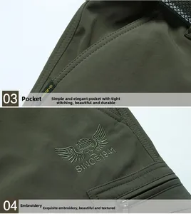 Detailed embroidery and stitching on army green outdoor cargo pants with 1941 logo