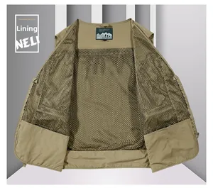 Detail view of the khaki mesh lining and internal pockets of the outdoor fishing vest