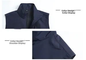 Detail of navy blue outdoor vest featuring stand collar design and mesh lining detail