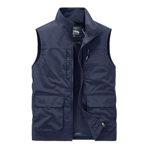 Men's dark blue outdoor vest with stand collar, multi-pockets and breathable mesh lining