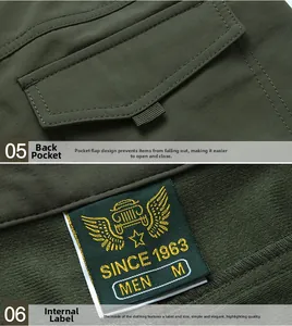 Detailed back pocket view and M-size inner label of olive green outdoor cargo pants