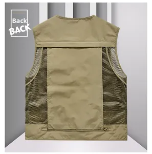Back view of khaki outdoor vest showing breathable black mesh panels and zipper pocket