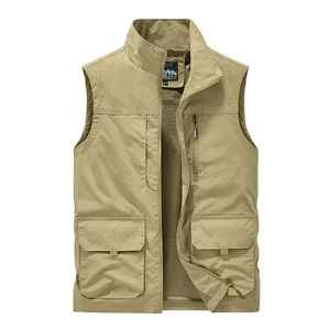 Front view of khaki outdoor utility vest with breathable mesh lining and pockets