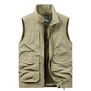 Men's khaki outdoor multi-pocket fishing vest with zip front and breathable mesh lining
