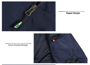 Detail view of navy blue outdoor vest featuring functional zipper and mesh inner pocket