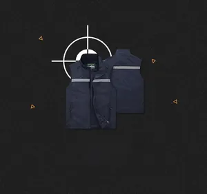 Detail view of navy blue vest featuring reflective strips and breathable mesh lining