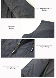 Dettaglio del gilet da pesca grigio con fodera in rete e cerniere resistenti