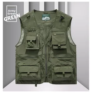 Detail of army green outdoor vest showing utility pockets and breathable mesh lining