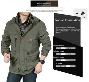 Detail view of army green outdoor jacket showing pocket layout and technical specs
