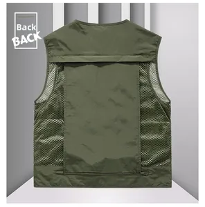 Rear view of mesh fishing vest in army green featuring back zipper pocket and breathable fabric