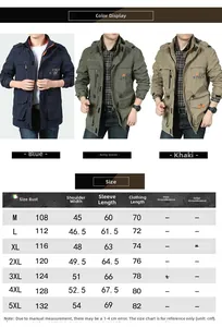 Detailed size guide table for men's outdoor jackets in blue, khaki and army green colors