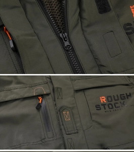 Detail of military green tactical jacket with zipper pockets, mesh lining, and rough stock print