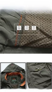 Detail of military green outdoor jacket with orange stitching and breathable mesh lining