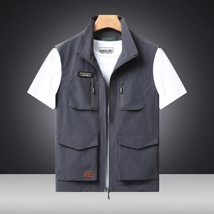 Men's dark grey multi-pocket outdoor vest with quick-dry fabric and standing collar