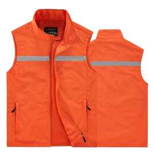 High-visibility orange outdoor safety vest with reflective strips and multi-pocket design