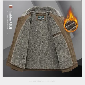 Detail view of winter jacket with thick grey sherpa lining for thermal insulation