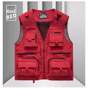 Detail view of red multi-pocket outdoor vest featuring functional zippers and mesh lining