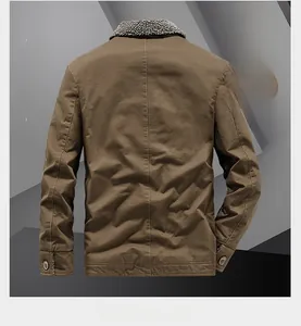 Rear view of brown cotton N1 deck jacket showing thick fleece lining and wool collar