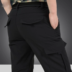 Mens black waterproof tactical cargo pants with multi-pockets and woven belt