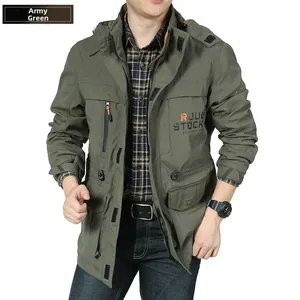 Detail of army green windproof jacket featuring utility pockets and Rough Stock print