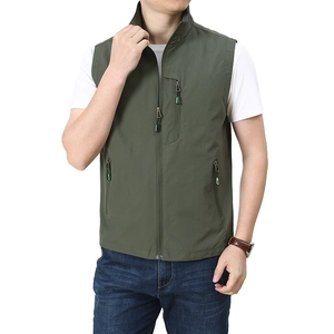 Army green outdoor fishing vest for men with multiple zipper pockets and stand collar