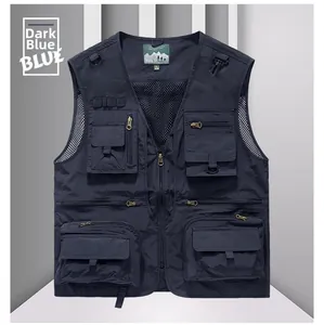 Detail of dark blue tactical vest showing breathable mesh lining and interior size label