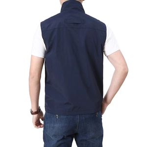 Back view of men's navy blue outdoor vest with stand collar and quick-dry fabric