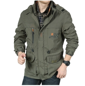 Detail of military green outdoor tactical jacket with Rough Stock chest print and hood