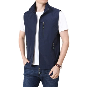 Men's outdoor dark blue multi-pocket vest with stand collar and quick-dry fabric