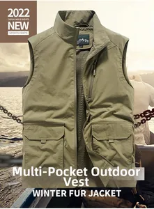 Detail of khaki outdoor utility vest featuring multi-pockets and breathable mesh lining
