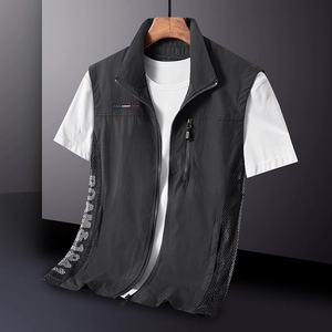 Men's outdoor sports vest with mesh panels and standing collar in sleek black