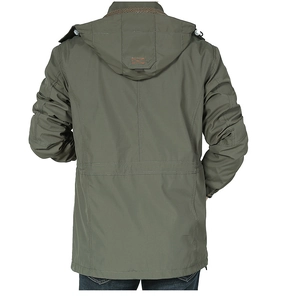Back view of army green outdoor hooded jacket with adjustable drawstring and windproof fabric