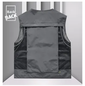 Back view of men's mesh fishing vest featuring large zipper pocket and breathable fabric
