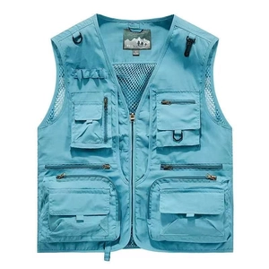 Detailed view of light blue outdoor fishing vest with multiple pockets and mesh lining