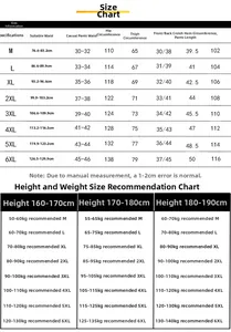 Size chart for men's casual cargo pants detailing measurements from M to 6XL sizes