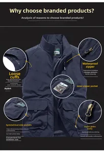 Detail view of navy blue multi-pocket vest featuring waterproof zippers and durable fabric