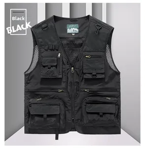 Detail view of black outdoor fishing vest featuring breathable mesh lining and multiple pockets
