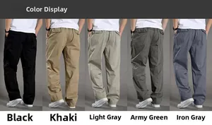 Rear view of men's casual cargo pants showing five colors with flap pockets