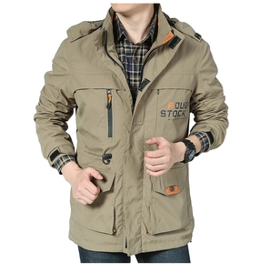 Detail of khaki cargo jacket featuring orange zipper accents and ROUGH STOCK printed design