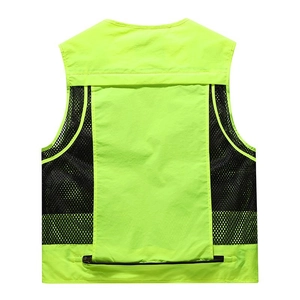 Back view of neon green mesh vest with large zipper storage pocket for outdoor activities