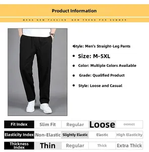 Detail view of men's loose fit straight cotton pants with size chart and elastic waist