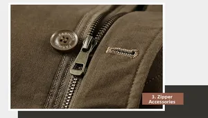 Macro detail of antique bronze metal zipper and resin button on a khaki canvas jacket