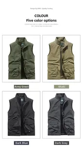 Detailed grid of outdoor utility vests in green, khaki, blue, and gray with multi-pockets