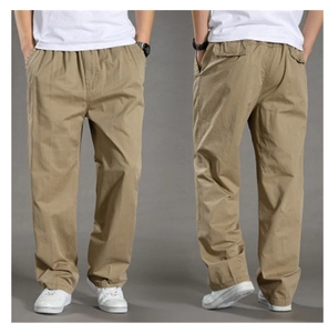 Detail view of khaki casual men pants featuring elastic waist and cotton texture
