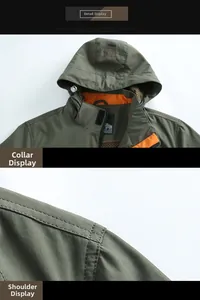 Detail of olive green tactical jacket with windproof hood and orange mesh lining