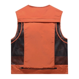 Rear view of orange and black mesh fishing vest showing breathable fabric and large pocket