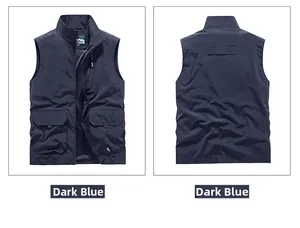 Detail view of navy blue outdoor utility vest with zip front and large flap pockets