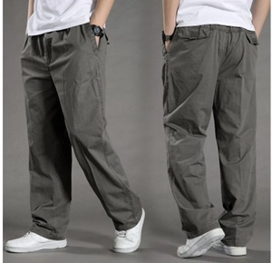 Front and back view of loose fit men's dark grey casual pants with elastic waist